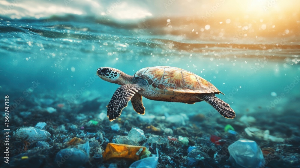 Obraz premium Garbage in deep sea with sea life. Human activities impact and threaten animal’s natural habitat.