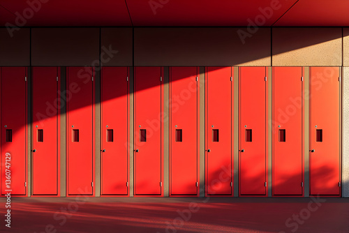 Bright Red School Lockers Neatly Arranged in a Row