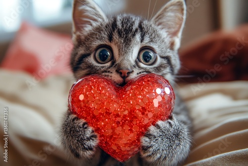 Manx - my preferred cat, symbol of care. Cute manx baby cat with sparkling rhinestones red heart at cozy house. Ad animal concept art. Fluffy love moment. Furry friend love. Love and whisker.