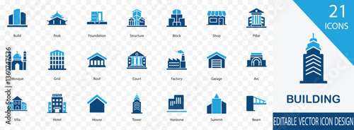 Building icon set. containing Tower, Skyline, Foundation, Pillar, Roof and more vector design collection . 