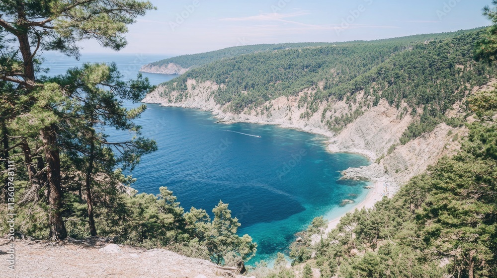 Naklejka premium Serene Coastal Vista: A Panoramic View of a Secluded Bay Nestled Amongst Lush Greenery