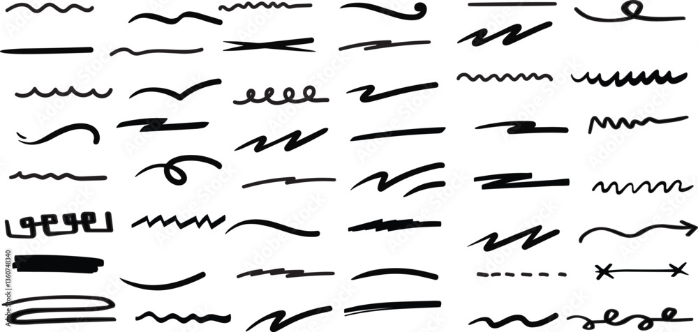 Vector swish swoosh squiggle lines set. Isolated fake signatures. 