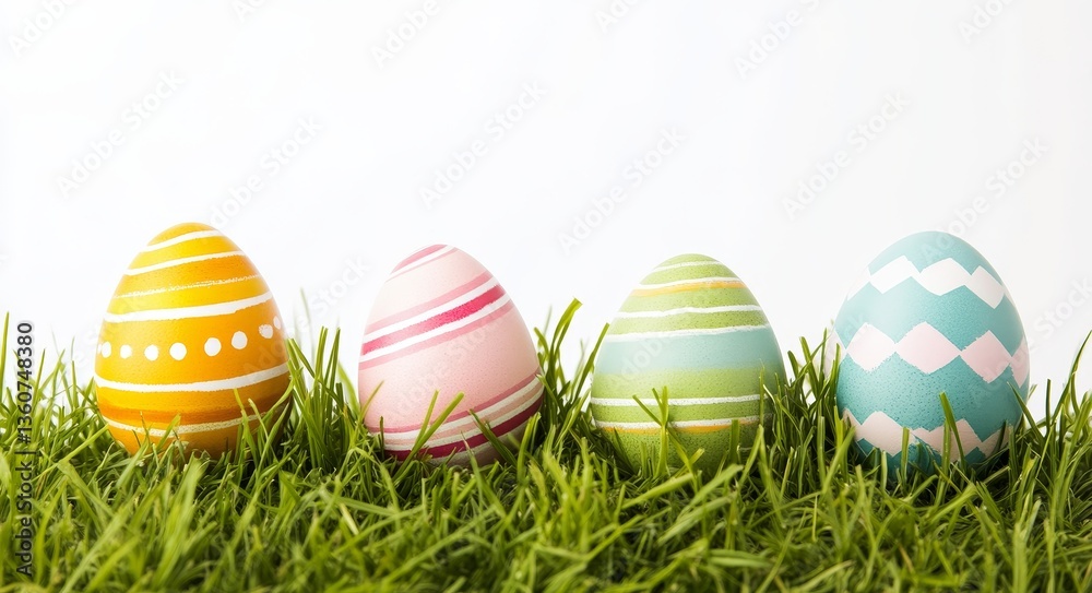 Fototapeta premium The Happy Easter template boasts an array of painted Easter eggs beautifully arranged on a green grass landscape with a transparent background