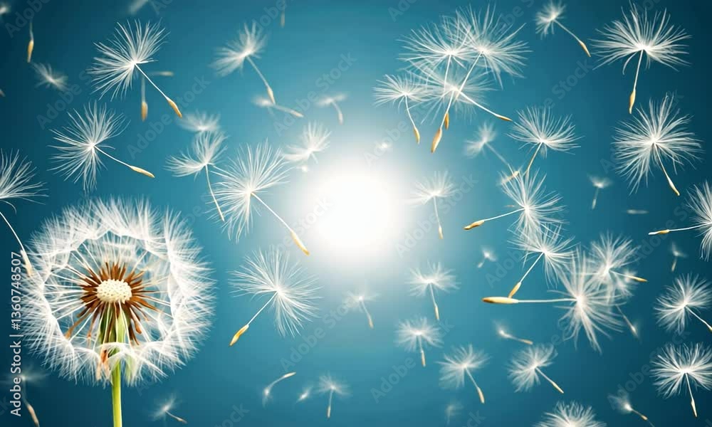 Dandelion seeds are flying against the background of the sunset sky. Floral botany of nature