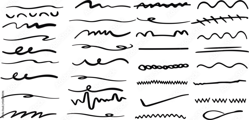 Vector swish swoosh squiggle lines set. Isolated fake signatures. 