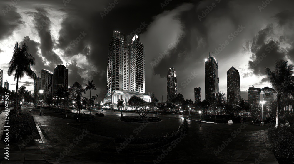 Obraz premium Cityscape panorama at night, dramatic sky, modern architecture, possible use for wallpaper or screensaver