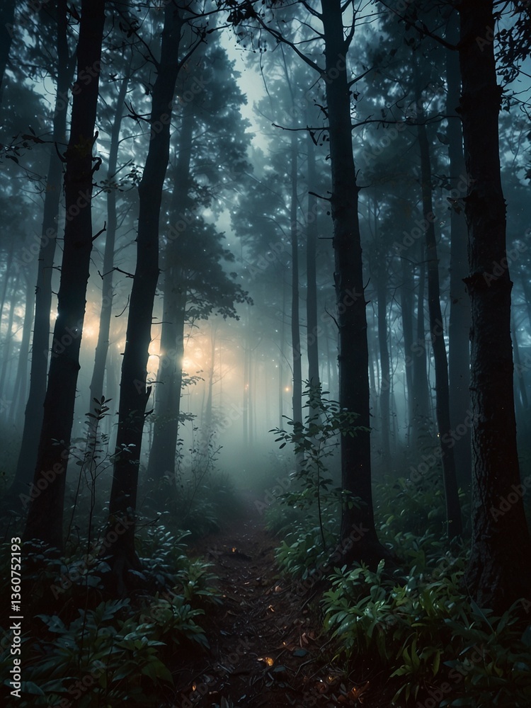 Fototapeta premium Dreamlike foggy forest with glowing light