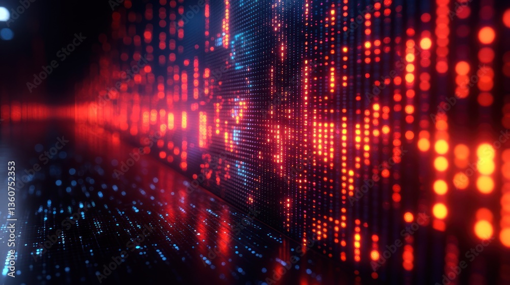 Abstract digital data stream wall with red and blue glowing lights, reflecting on a dark floor. Abstract digital data stream wall with red and blue glowing lights, reflecting on a dark floor.