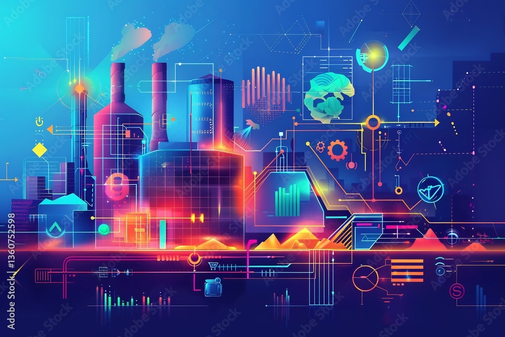 Fototapeta premium Modern renewable strategy illustration with digital flowcharts abstract eco symbols and vibrant gradient layers for a sleek clean look Strategy modern crisp