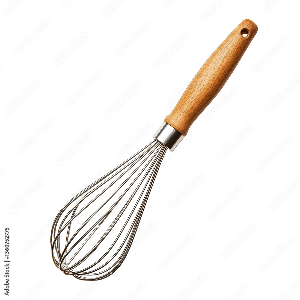 Obraz premium Kitchen metal whisk with wooden handle, on a transparent background