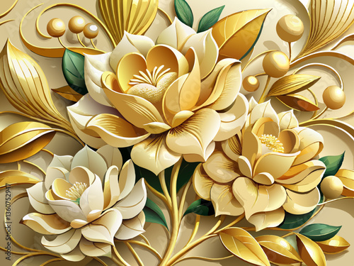 vector of 3D mural wallpaper flowers in gold and cream colors high quality AI generated image