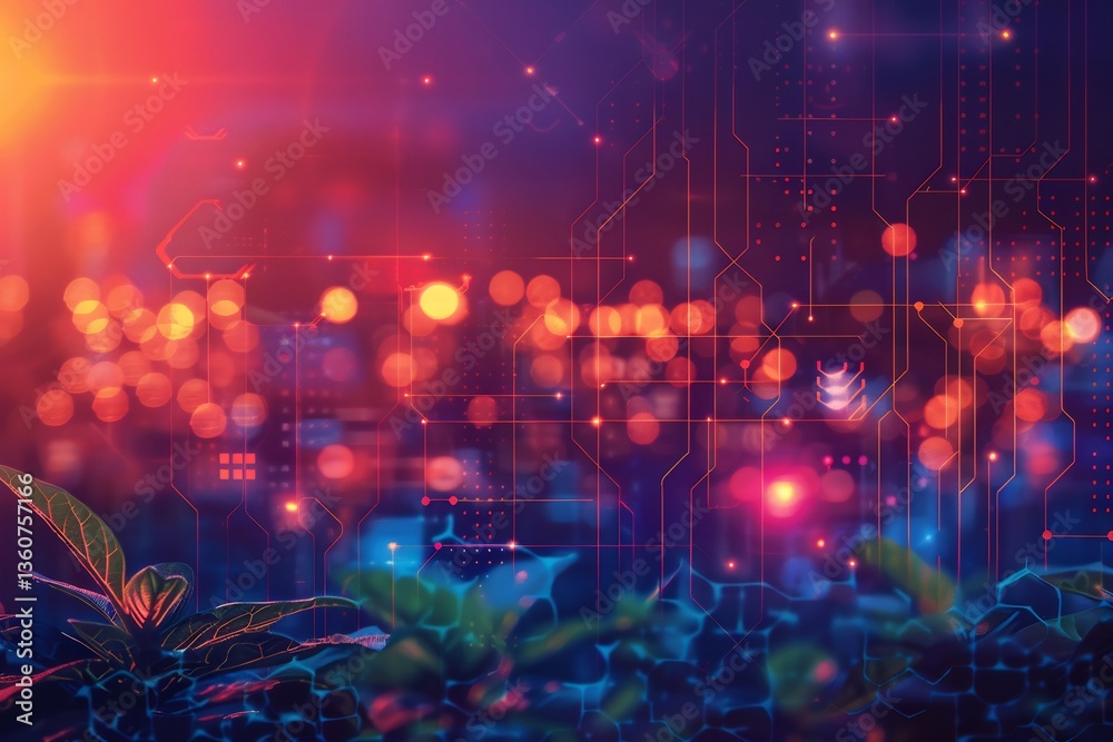 Naklejka premium Modern sustainable future grid illustration with digital vector patterns eco symbols and vibrant gradient overlays representing innovation Grid modern vibrant