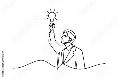 Mans SingleLine Drawing Achieving Illumination, Bright Idea, Success