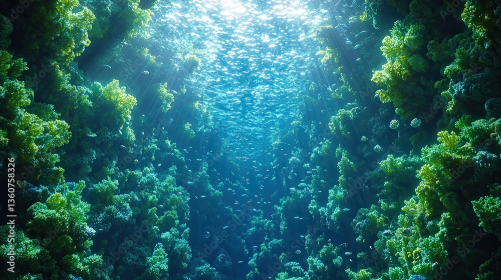 Obraz premium Stunning underwater scene of vibrant coral reef teeming with fish, sunlight filtering through the water, creating a magical, tranquil atmosphere.