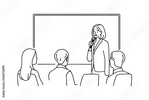 Businesswoman giving presentation, audience listening attentively, meeting, conference, seminar, whi
