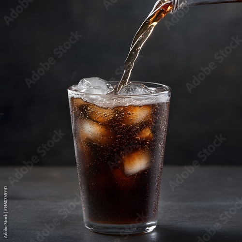 Wallpaper Mural Dark soda pouring into iced glass on table, blurred background, refreshment Torontodigital.ca