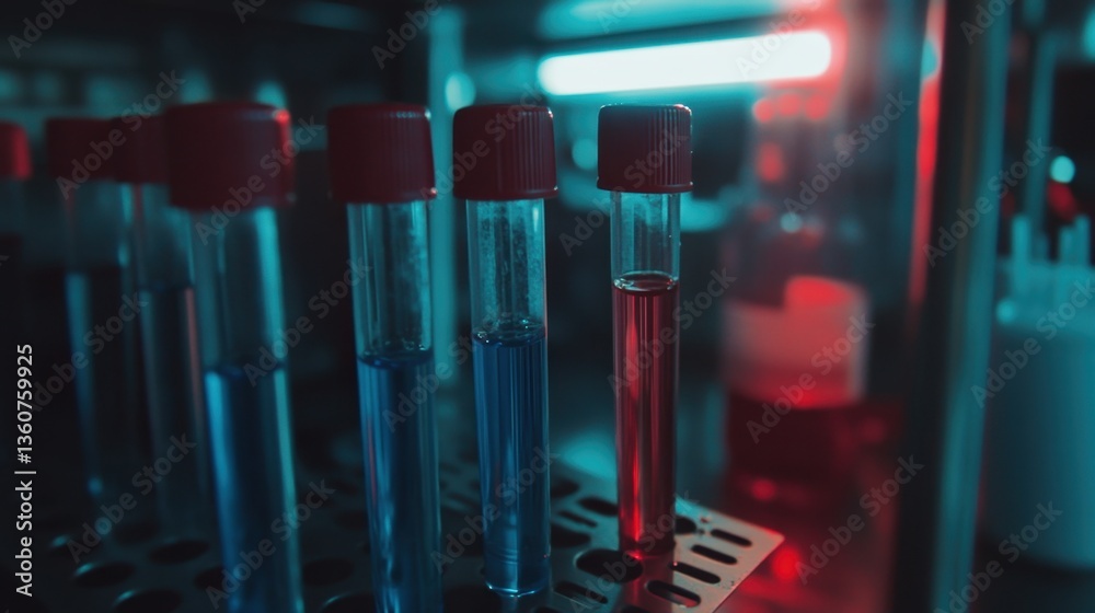 A close-up of test tubes filled with blue and red liquids, placed in a metal rack under bright laboratory lighting.