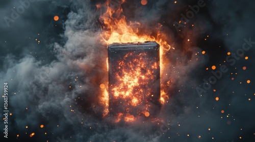 Used batteries on fire due to electric discharge short circuit. Electronic waste to be disposed.
