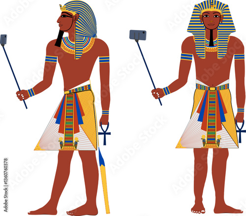 Old Egyptian pharaoh is making a selfie with selfie stick. Vector image