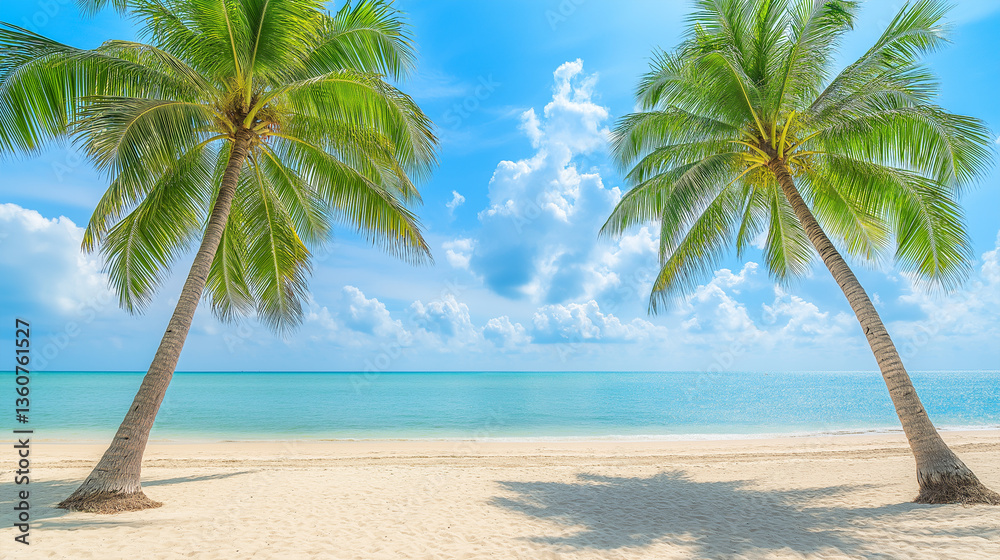 Fototapeta premium Tropical Beach Scene with Palms and Blue Sky Horizon.