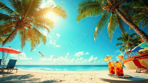 A tropical beach scene featuring white sand, a clear blue ocean, palm trees, and a radiant sun. The beach has colorful umbrellas, a chair, and a table with tropical drinks. A boat rests in the distanc