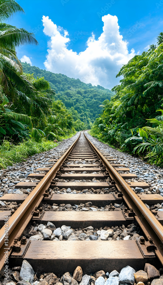 Fototapeta premium Train Tracks Through Lush Tropical Landscape