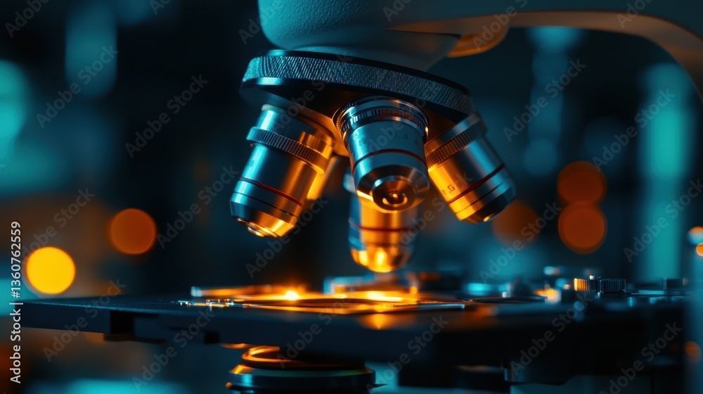 A dramatic close-up of a laboratory microscope, with light refracting off its precision lenses. A dramatic close-up of a laboratory microscope, with light refracting off its precision lenses.