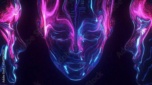 Glowing abstract faces, neural network visualization, digital human connection, cyber emotions