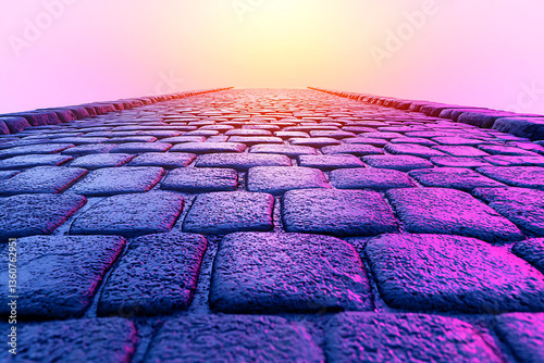 Cobblestone path stretches upwards vanishing into a brightly lit sky with purple and pink hues.