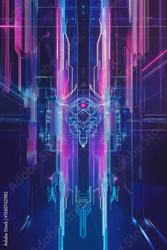 Futuristic digital corridor, neon colors, artificial intelligence concept, symmetrical sci-fi structure