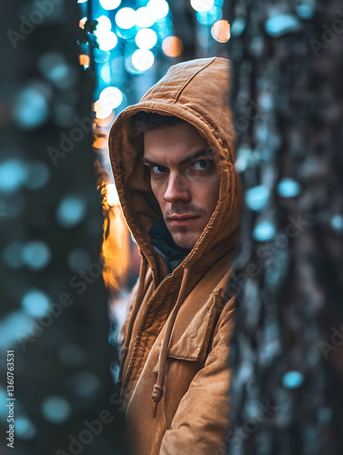 Hooded man stares intensely from behind trees illuminated by soft blurred lights in a nocturnal urban setting.