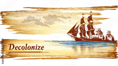 A vintage style sailing ship approaches land under a warm, painted sunset with the word “Decolonize” boldly written, blending historical imagery with modern activism.