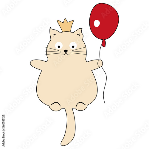 Nice cute fat funny cat with balloon flying on white background vector illustration