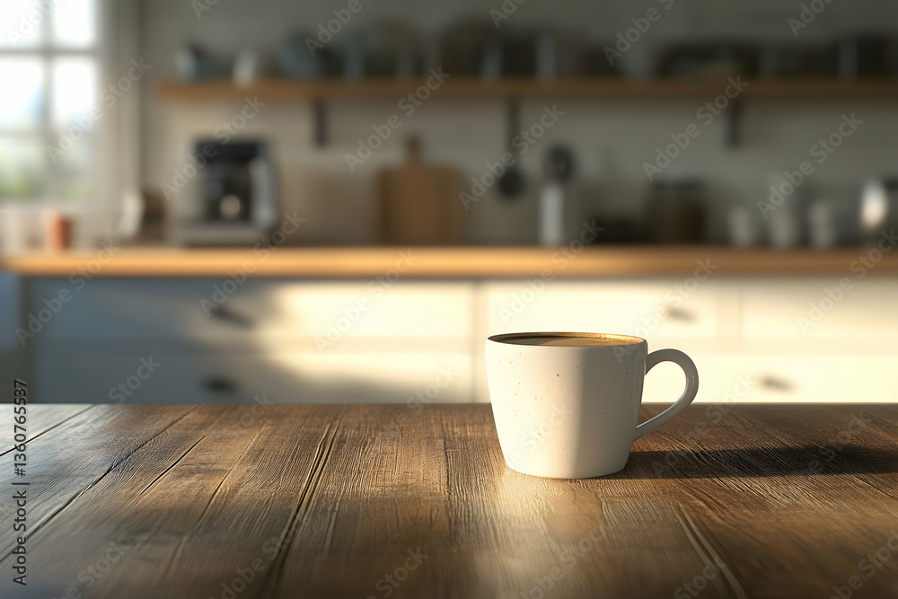 Cup of coffee or tea placed on a wooden table against a softly blurred kitchen background, evoking a cozy morning Cup of coffee or tea placed on a wooden table against a softly blurred kitchen background, evoking a cozy morning