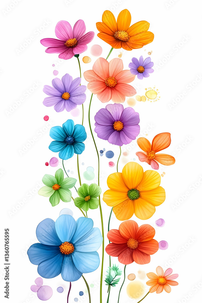 Fototapeta premium Vibrant colorful flowers bouquet, digital art, white background
