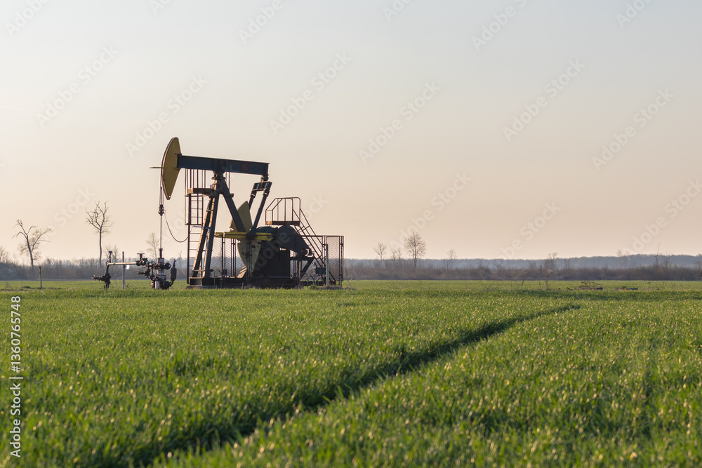 Fototapeta premium Oil Pumpjack in a Green Field with Clear Sky Background