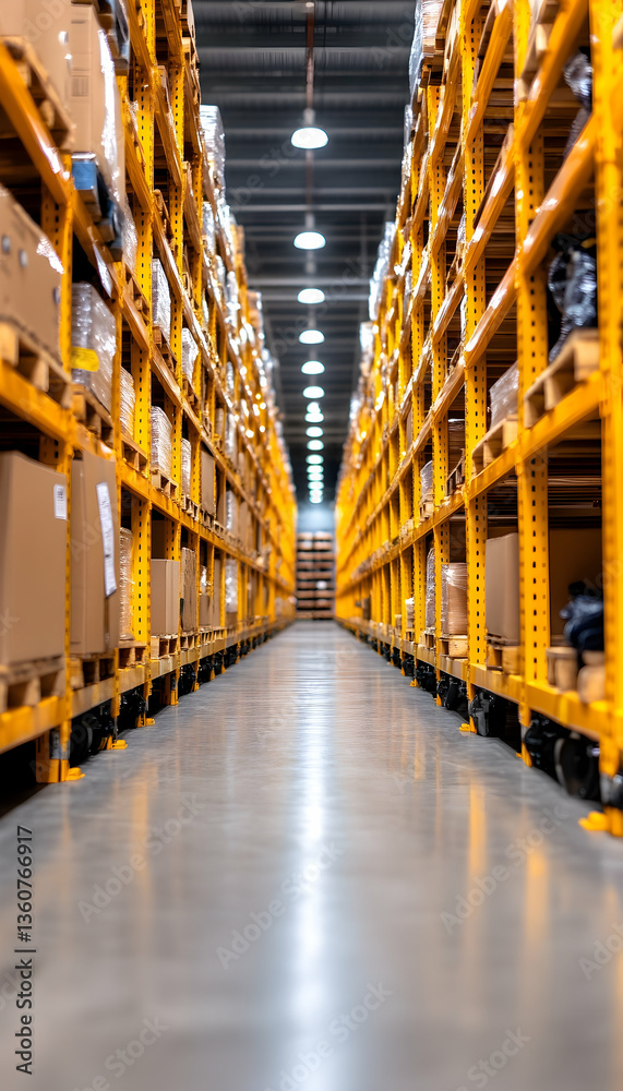Warehouse aisle with stacked goods and bright lighting Warehouse aisle with stacked goods and bright lighting