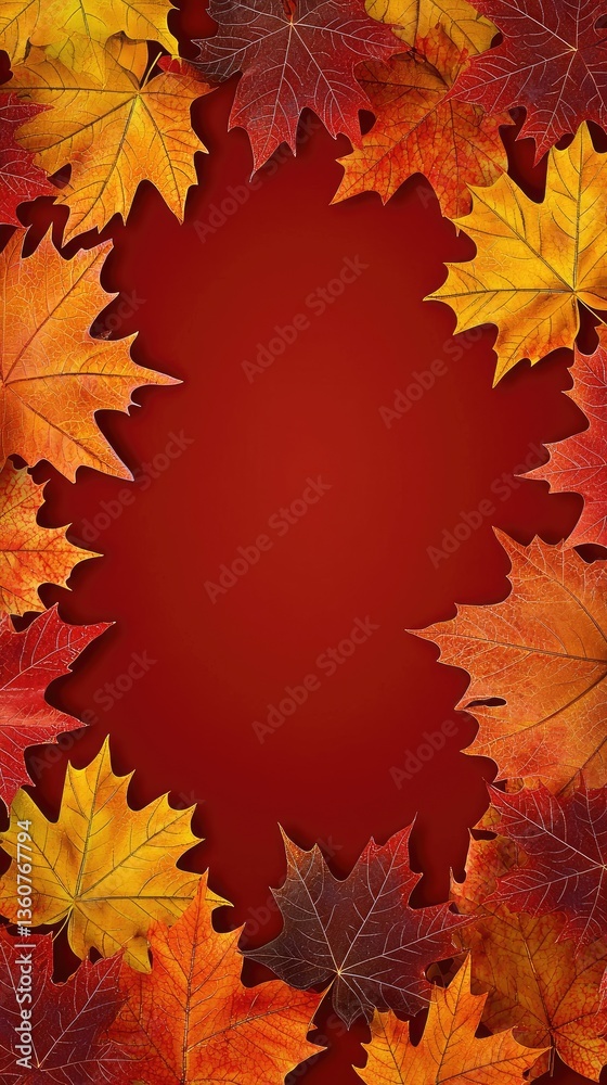 Fototapeta premium Autumn leaves frame on burgundy background (1)