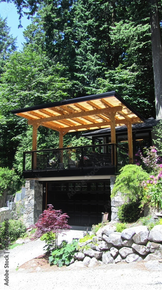 Modern carport with wooden roof over garage blends in a lush greenery, for parking car or shelter Modern carport with wooden roof over garage blends in a lush greenery, for parking car or shelter