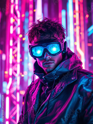 Cyberpunk Man with Futuristic Goggles and Neon Lights