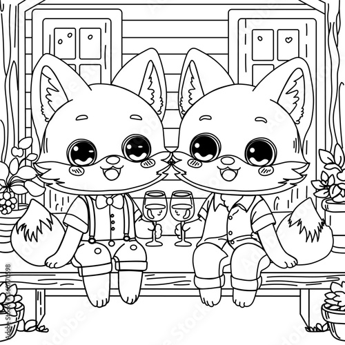 Coloring page cute little foxes sitting at the table and drinking drink