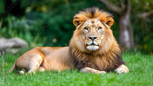 Majestic lion resting in green savannah grass, sharp focus on intense eyes. Ideal for nature book covers or posters, featuring a blurred background and ample copy space.