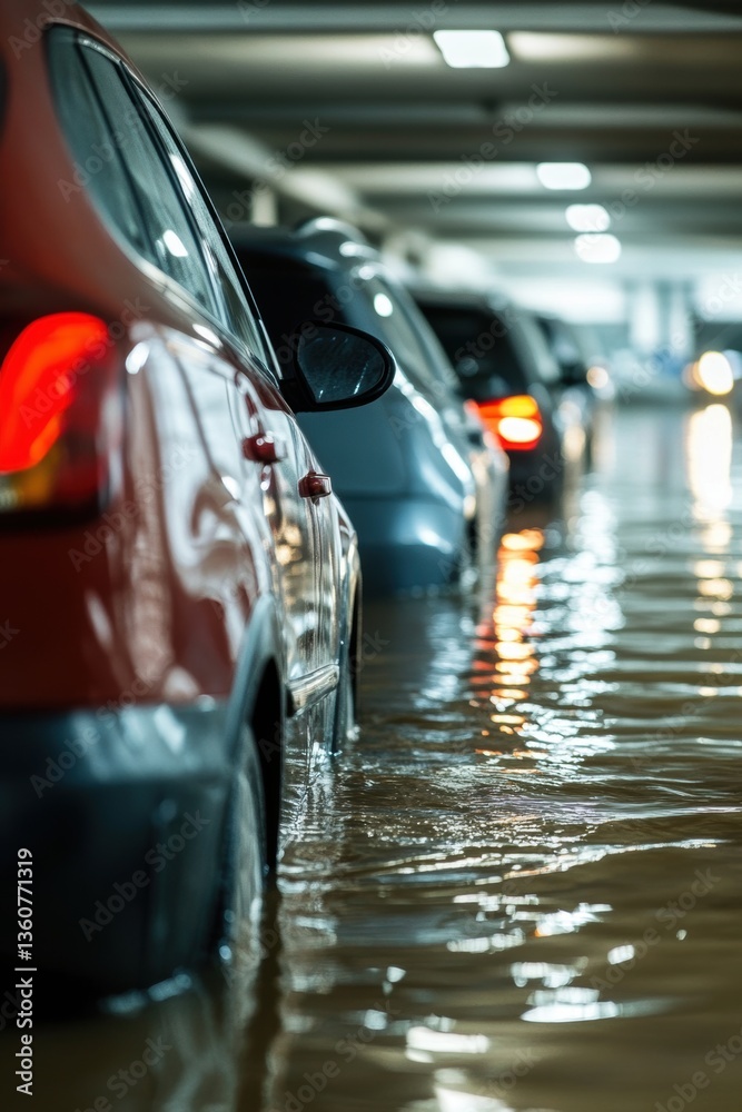 Cars in flood water in public parking garage. Water damage from flood disaster.