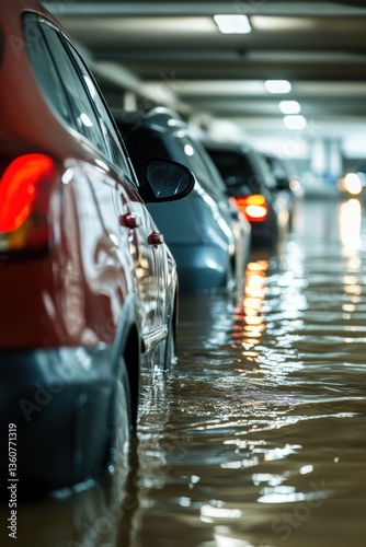 Obraz na płótnie Cars in flood water in public parking garage. Water damage from flood disaster. w salonie