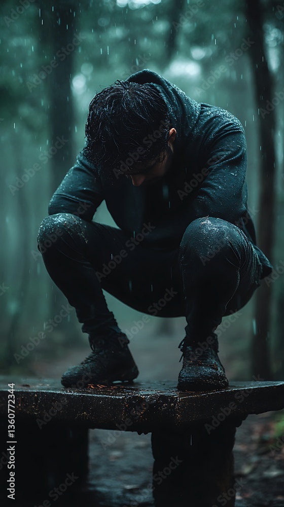 A person in a forest squats in the pouring rain A person in a forest squats in the pouring rain