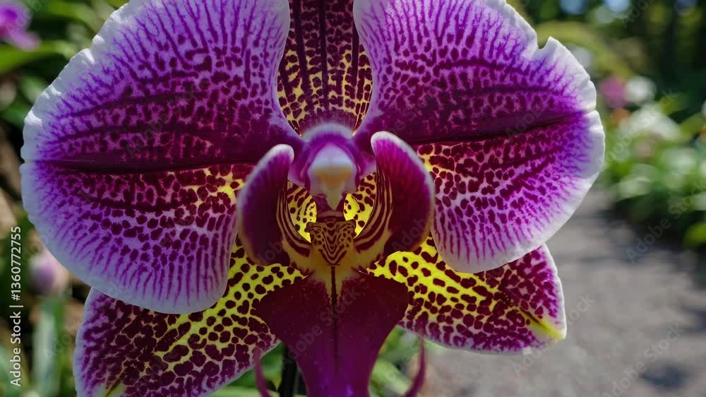 A serene garden path lined with vibrant orchids and lush greenery, captured from a low-angle, creating an immersive video experience. Live desktop wallpaper.