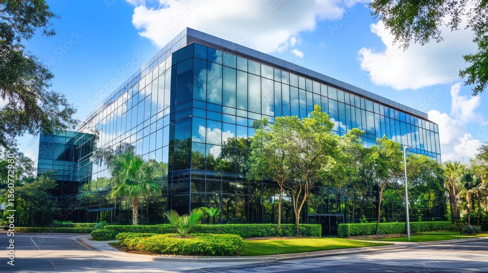 Obraz premium Modern office building with landscaping in sunny day, excellent for showcasing modern architecture