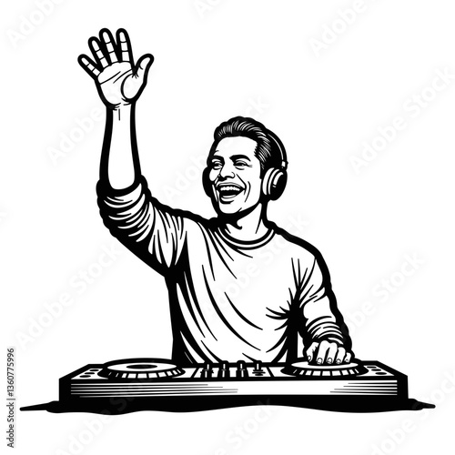 DJ waving with headphones, standing by a mixing console in a black and white illustration