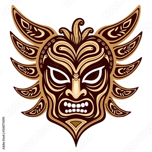 Tribal mask with fierce expression and intricate carvings against a white background