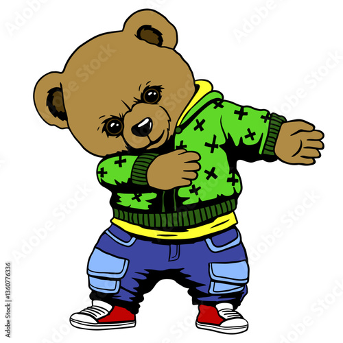 Cool teddy bear doing a dab dance move, dressed in a stylish hoodie, jeans, and sneakers. Fun hip-hop clipart